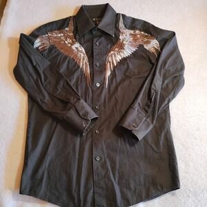 INC International Concepts Mens Black Cotton Button Up Shirt Wing Embroidery S